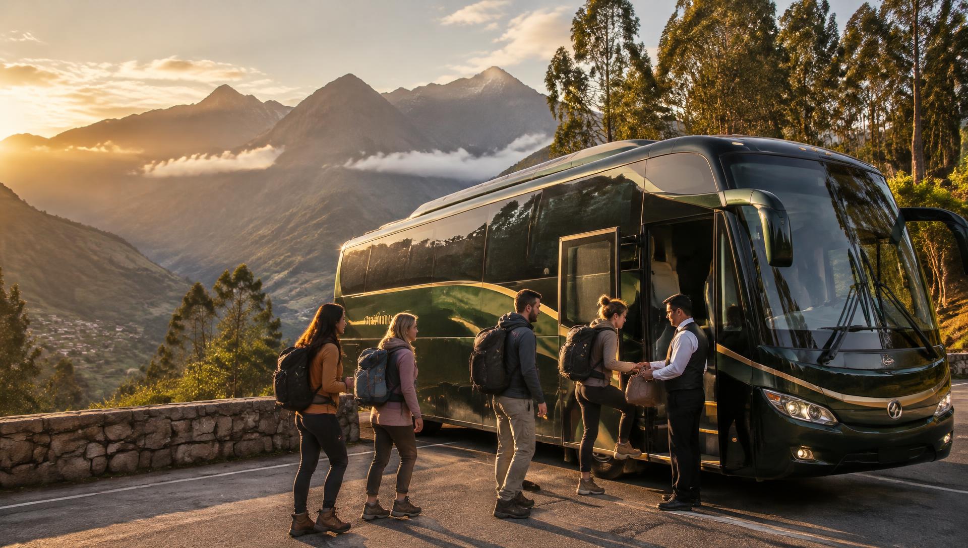 Turistas abordando el bus oscuro de Bananas Express en la carretera andina hacia Hidroeléctrica al amanecer